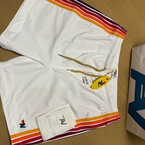 Aviator Nation White Swim Shorts with Yellow Drawstring and Rainbow Stripe